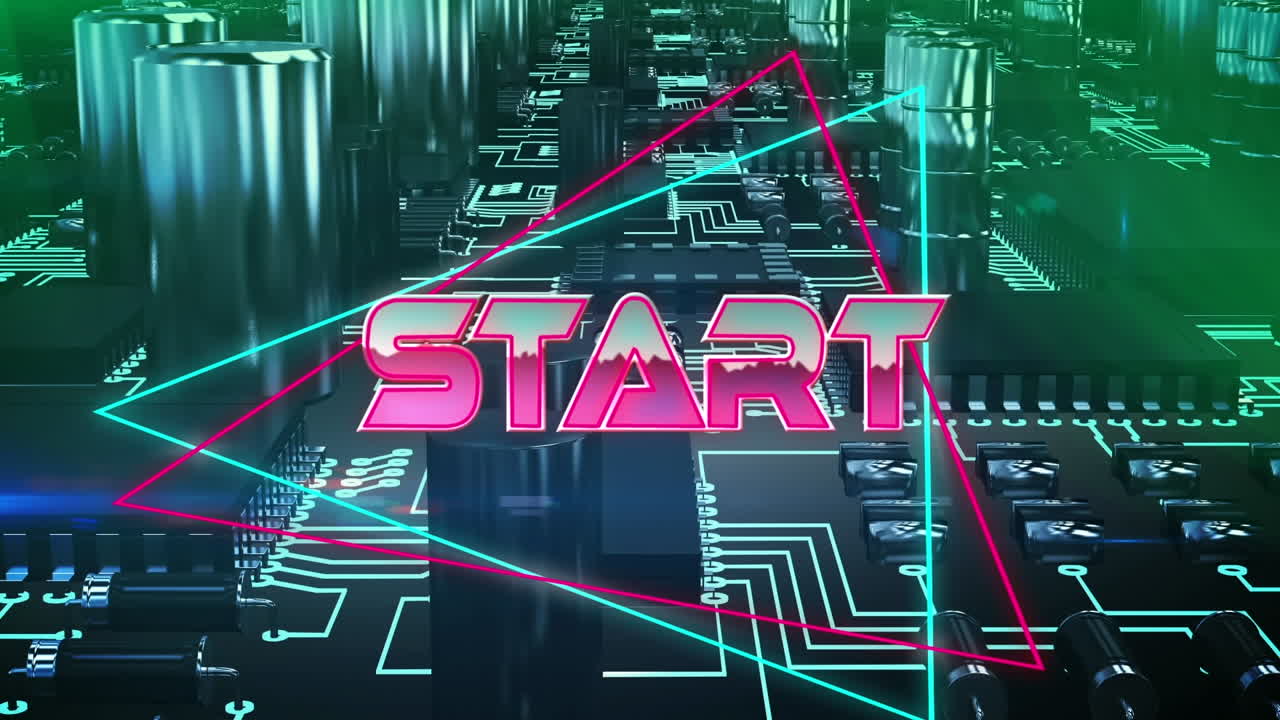 Animation of pink metallic text start, over neon lines, on blue computer motherboard