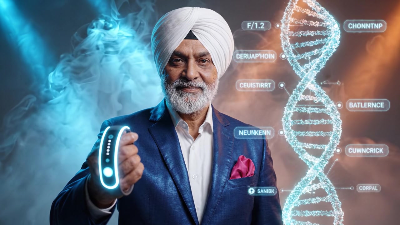 Tecnologia indossabile innovativa: Un dispositivo sofisticato per il monitoraggio della salute rappresentato da un individuo sicuro di sé in un abito elegante su uno sfondo colorato.