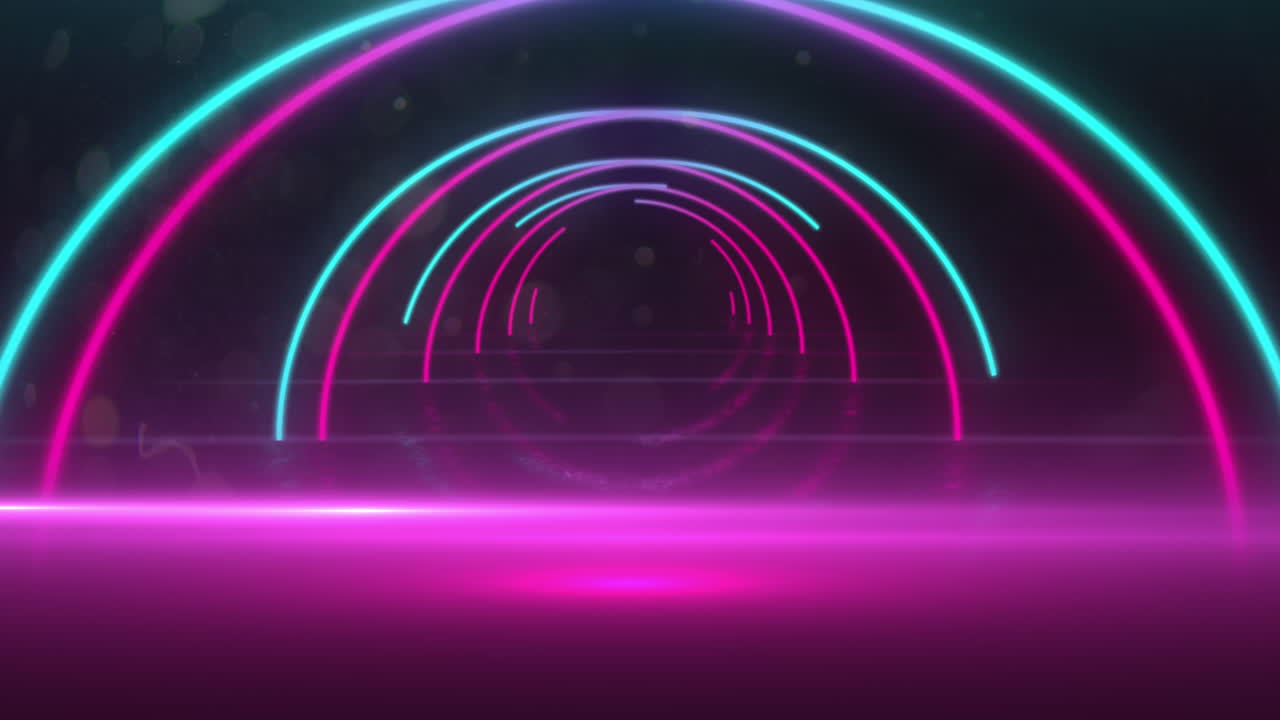 검은 바탕에 네온 원으로 만들어진 터널의 애니메이션