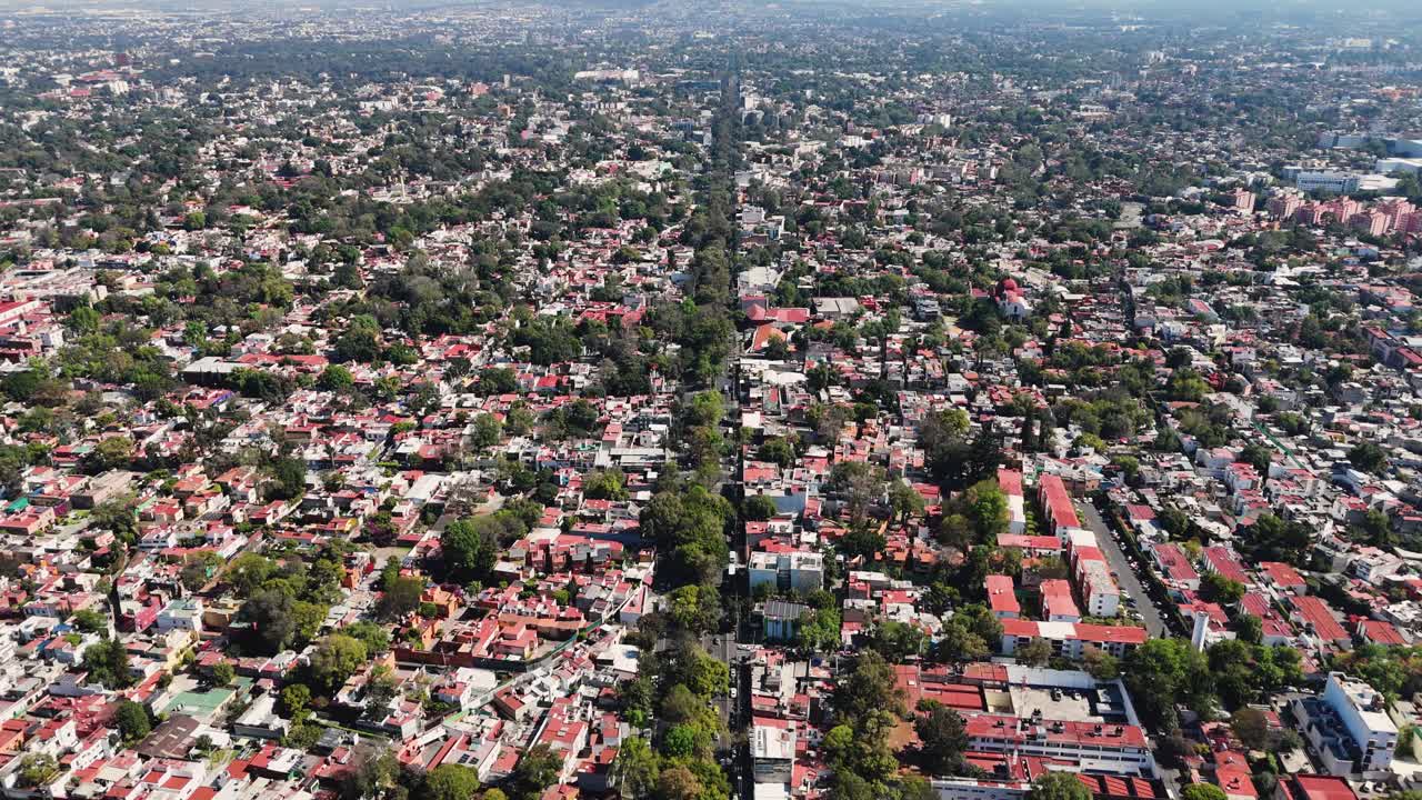 Drone footage showcasing a bird's eye perspective of Avenida Quevedo in Mexico City