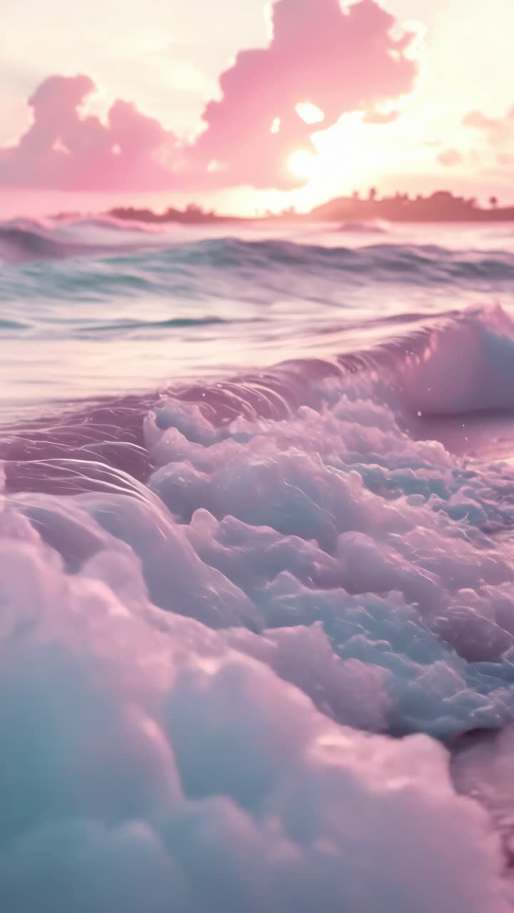 A dreamy, pastel-toned seascape at sunset, captured from a low angle
