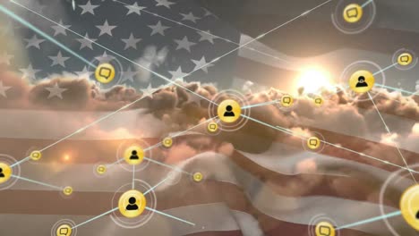 Animation-of-profile-and-message-icons-connecting-with-lines-over-flag-of-america-and-clouds
