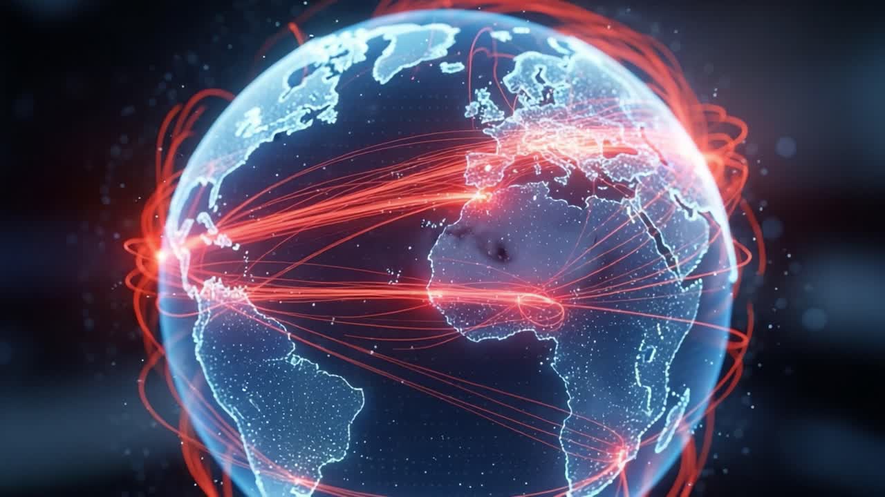 Dynamic Global Connectivity: A Surreal Visualization of Interconnected Routes and Data Flow Across Continents and Oceans with Vivid Light Trails Representing Network Interactions