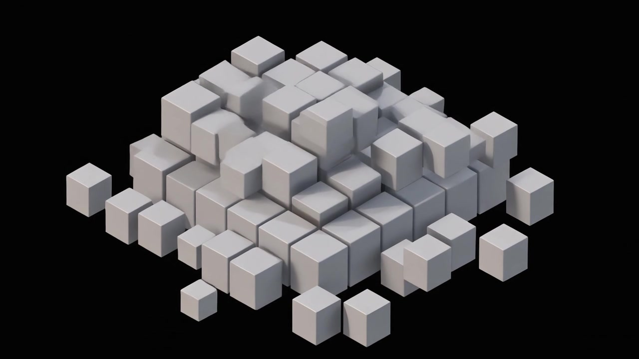 Abstract 3D Animation of Grey Cubes Disintegrating and Floating