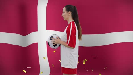 animation of caucasian female soccer player over flag of denmark