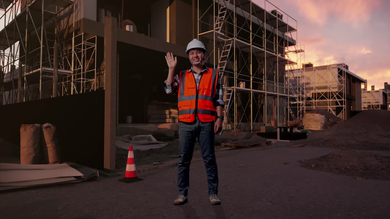 Smiling Construction Worker Waving at a Building Site at Sunset