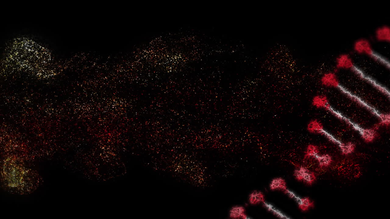 animación de la hélice de adn giratoria sobre puntos que forman ondas dinámicas contra un fondo negro
