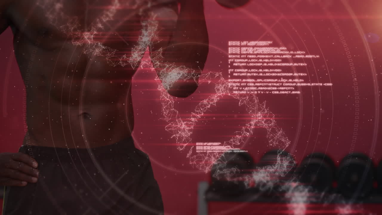 체육관에서 운동하는 근육질의 남자 위에 있는 dna 줄기의 애니메이션