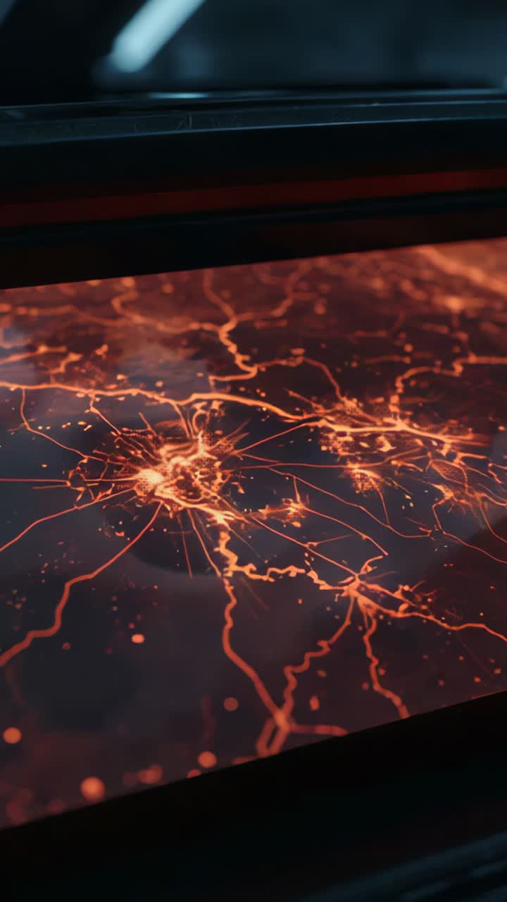Vertical video: Power surging through console display lighting control room, glowing red grid lines