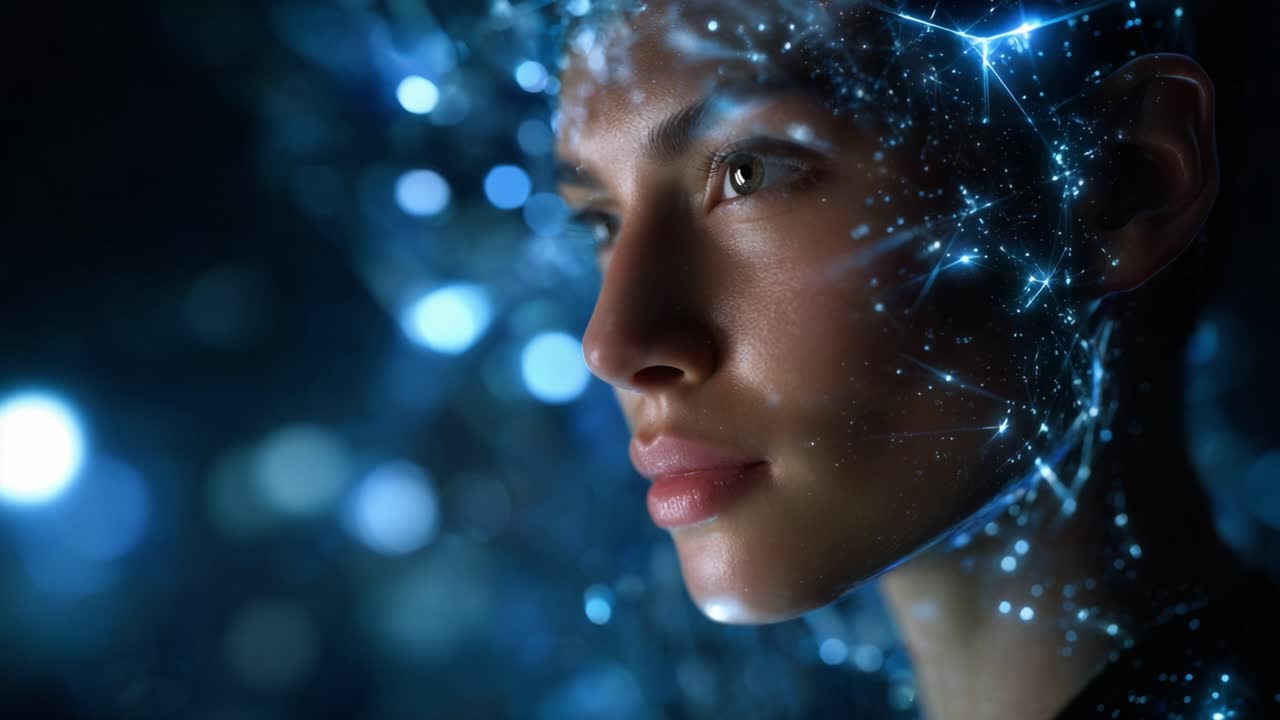A mesmerizing portrait showcasing a woman's face illuminated by a cosmic network of glowing particles, representing the fusion of human emotion and digital technology