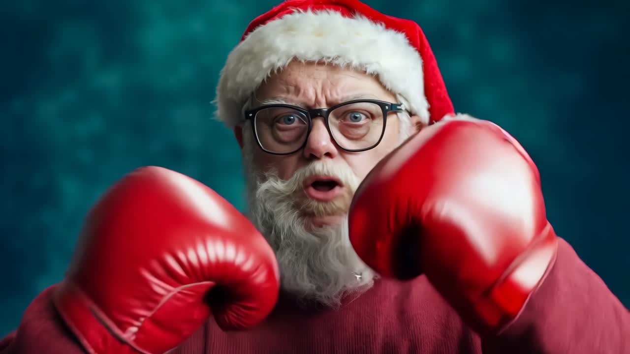 산타클로스 모자와 빨간 권투 장갑을 입은 남자