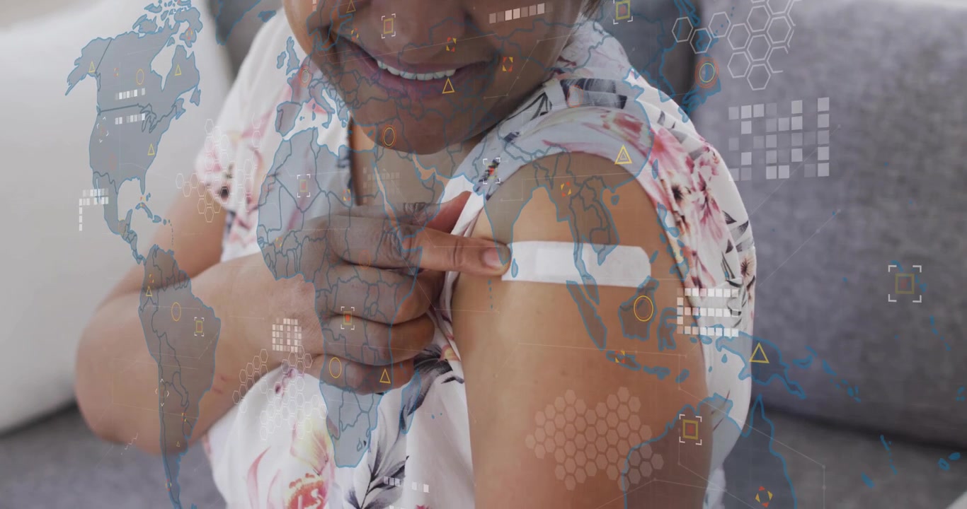 Mature woman pulling sleeve touching bandage showing health metrics with world map animating on arm