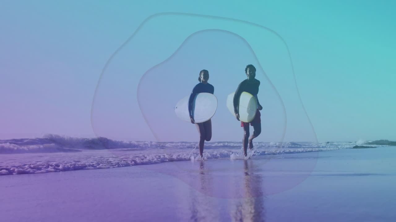 Couple surfers running with surfboards on shoreline, with animated heart icon and health chart