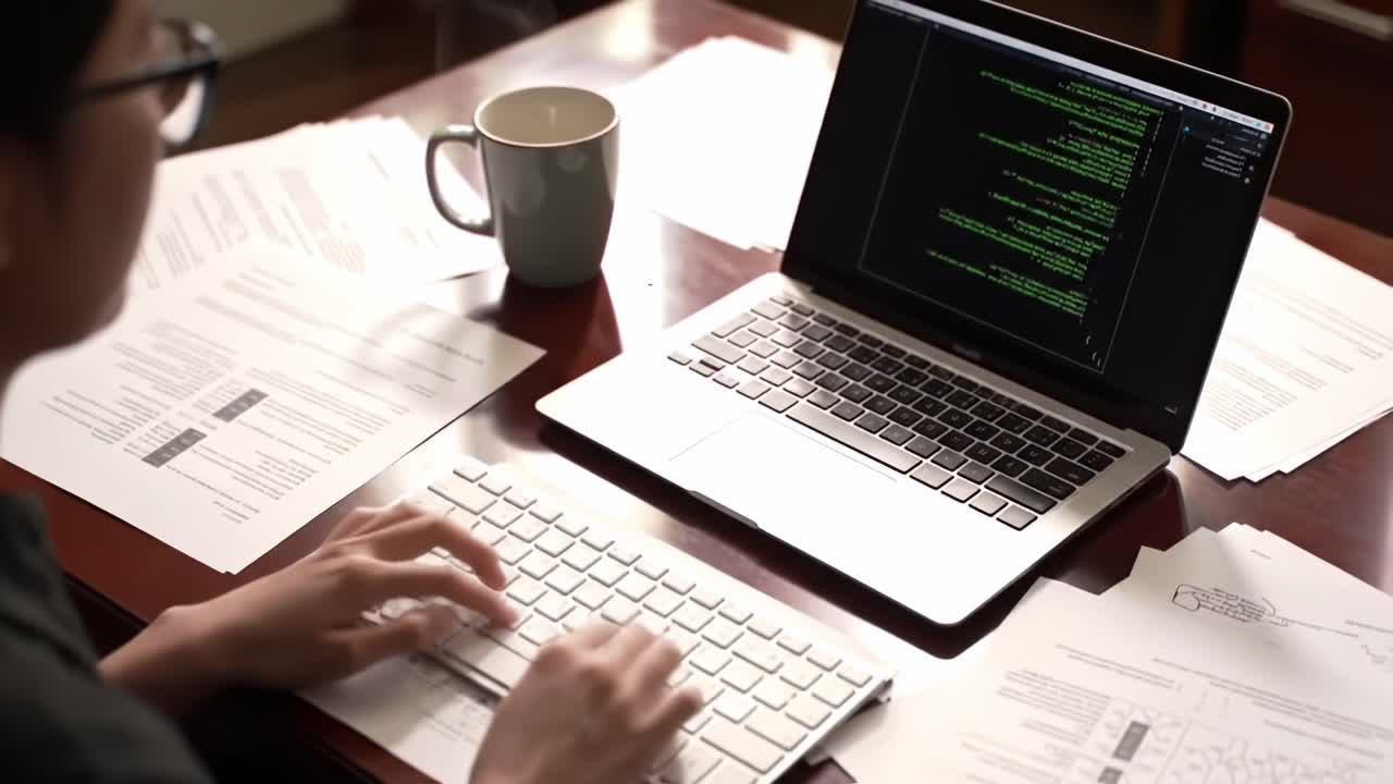 A Focused Individual Engaged in Coding While Surrounded by Papers and a Mug, Demonstrating Concentration and Creative Problem Solving in a Home Workspace Environment