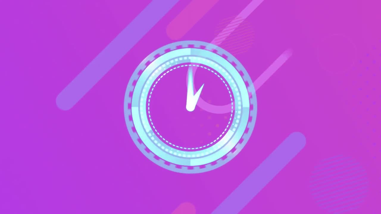 Animation of clock moving fast over abstract pink and blue shapes on purple background