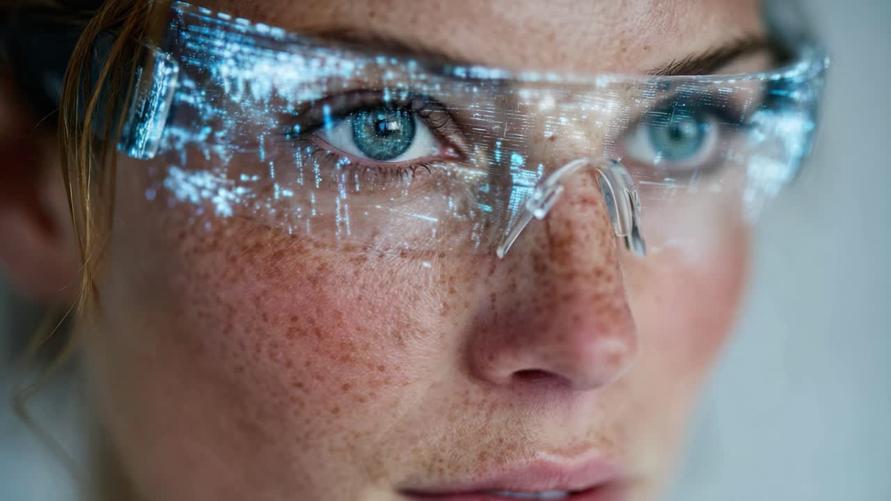 Visione futuristica: catturare l'essenza degli occhiali per realtà aumentata, mostrando display digitali avanzati e una percezione ottimizzata grazie a una tecnologia innovativa