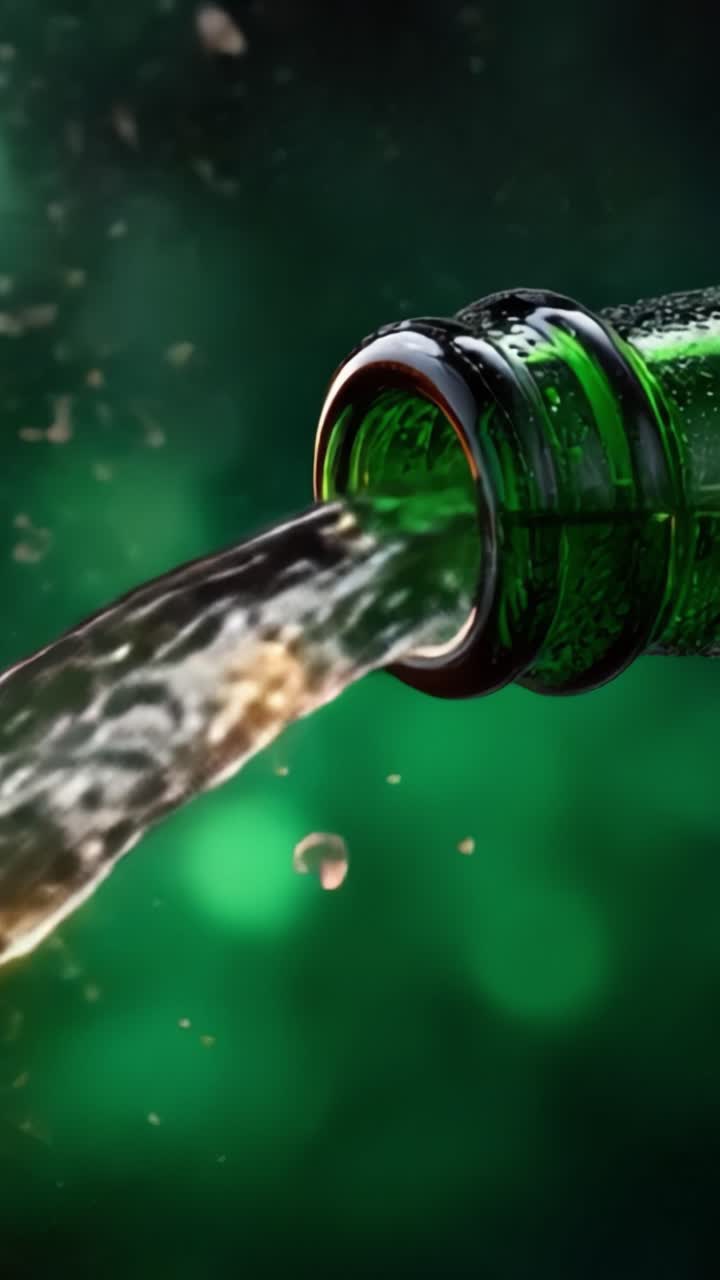 Una vista ravvicinata di una bottiglia di vetro verde che versa liquido, catturando l'essenza del rinfresco e la bellezza dell'acqua che scorre in una vivace e artistica esposizione