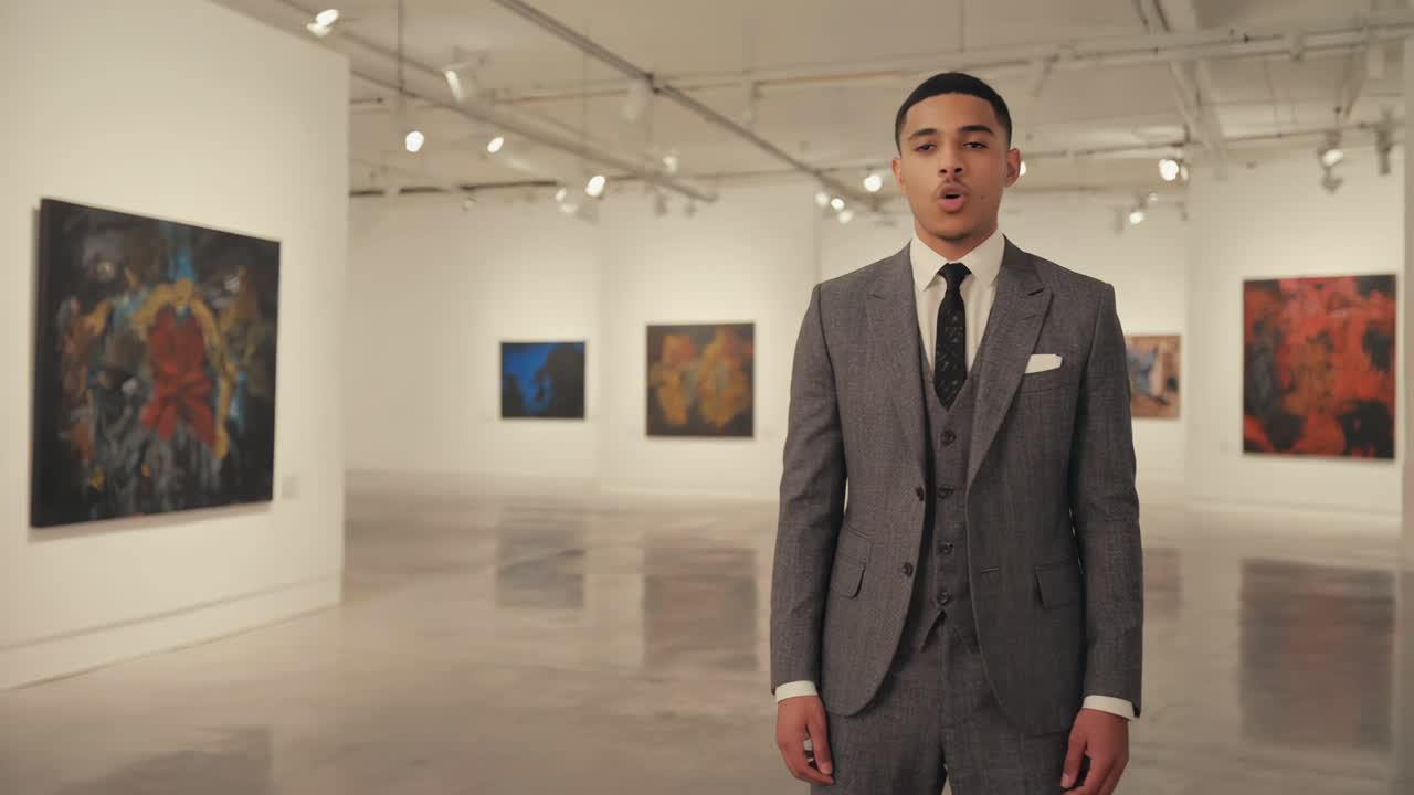 Uomo in abito in una galleria d'arte