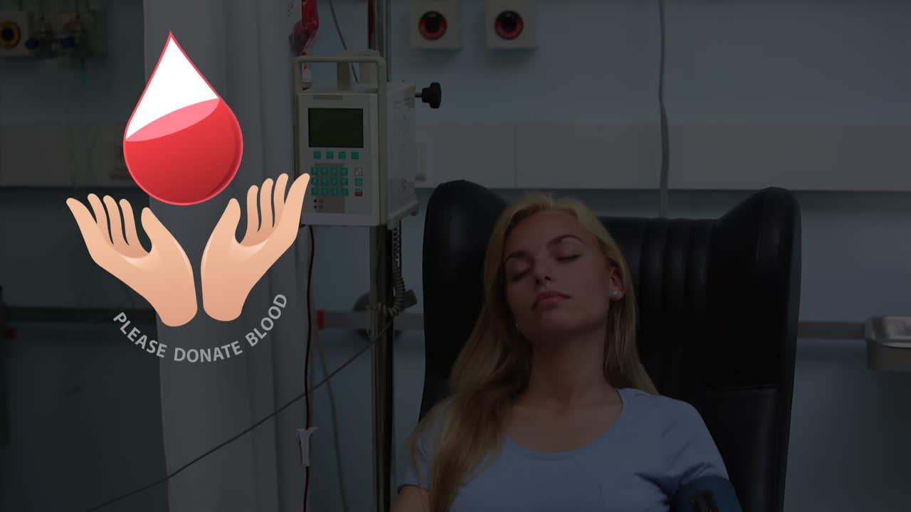 animación de una gota de sangre y un texto de donación de sangre sobre una paciente caucásica