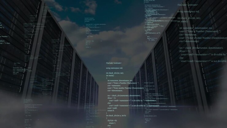 On start, code snippets appearing over server racks, scrolling upward, showing data flow