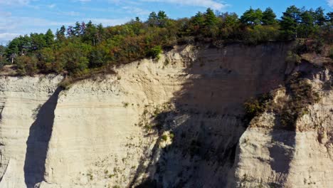 drone slides across forest trees atop sandstone cliff face rescarpment