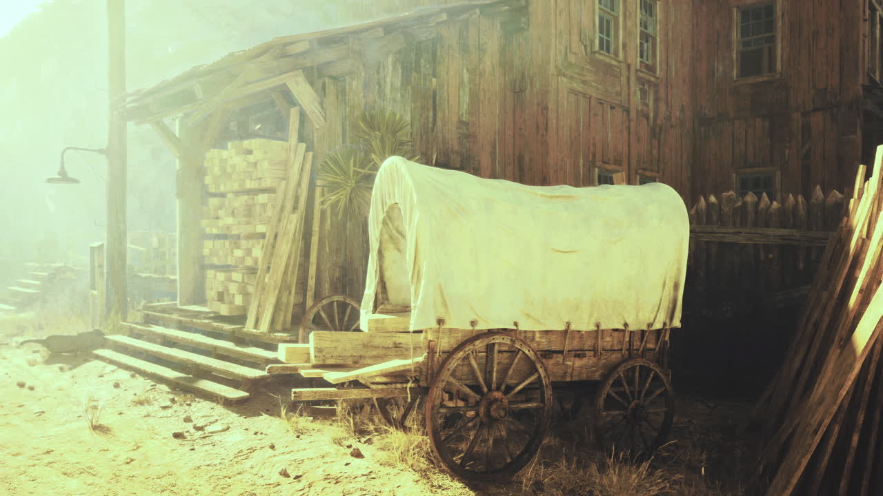 Old wooden wagon next to rustic building in sunlit outdoor setting