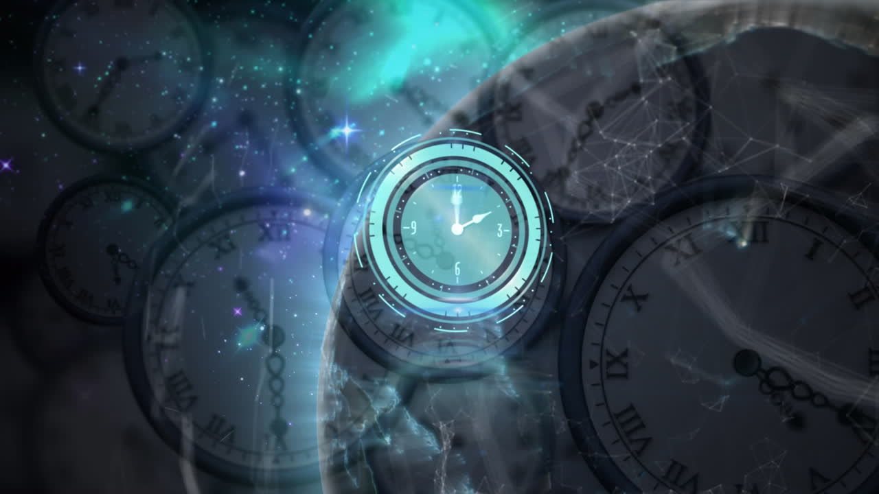 Animation of globe over moving clocks