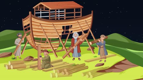 animated depiction of noah's ark construction and animal boarding.