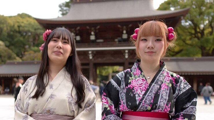 Due donne che indossano kimono tradizionali stanno davanti a un portale storico di un santuario a Tokyo, Giappone.