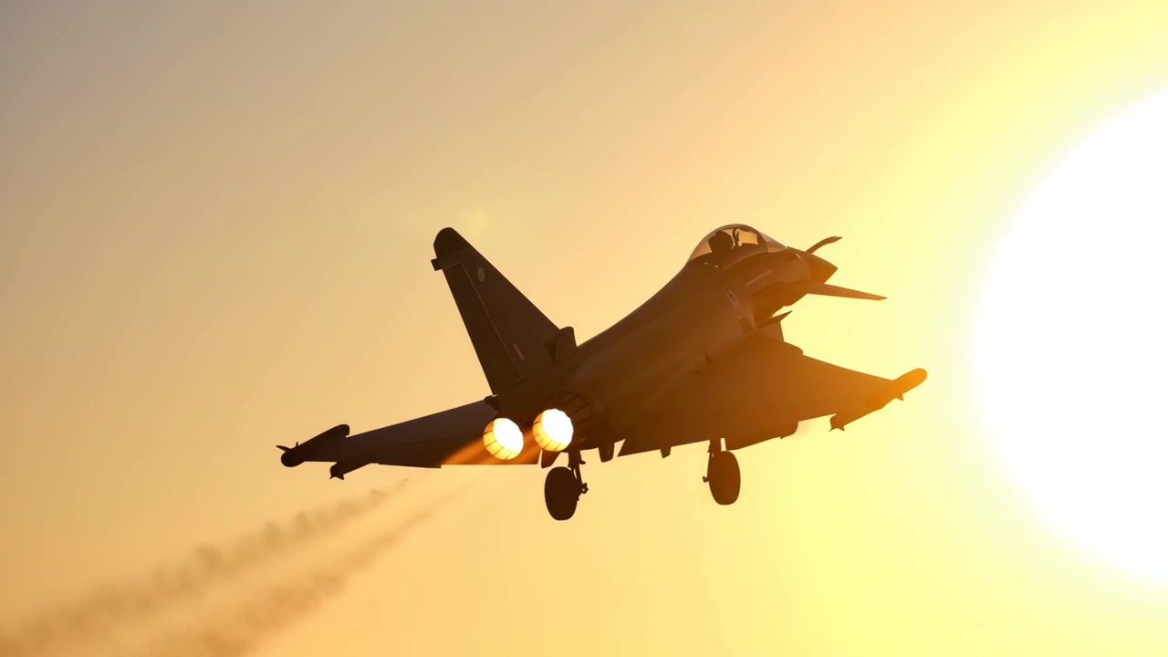 Military Fighter Jet Taking Off at Sunset