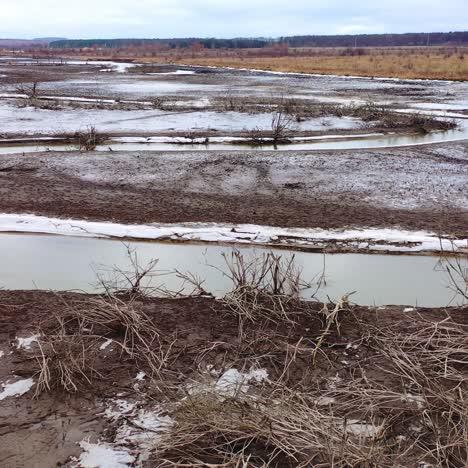 environmental disaster on earth. drought river with narrow stream of water. death for plants in contaminate place. climate change, ecology. water problems