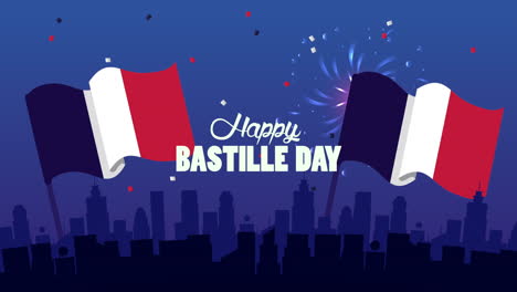 feliz celebración del día de la bastilla con bandera de francia y fuegos artificiales