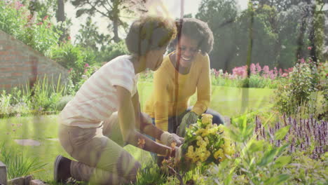 composite video of green grass against african american mother and daughter gardening in the garden