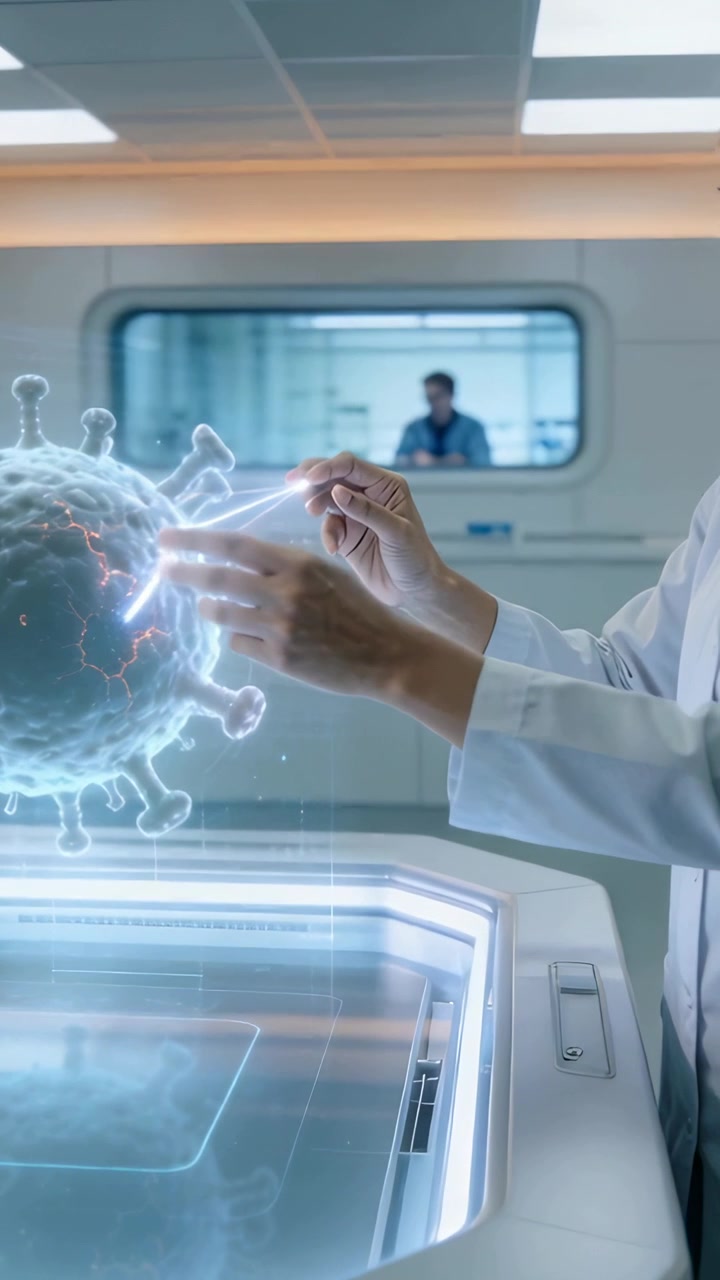 Video vertical: Mujer con bata de laboratorio estudiando las espículas de un virus mientras explora un holograma proyectado en la consola