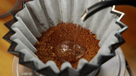 hot water pouring over coffee filter, warm smooth flavoursome drink