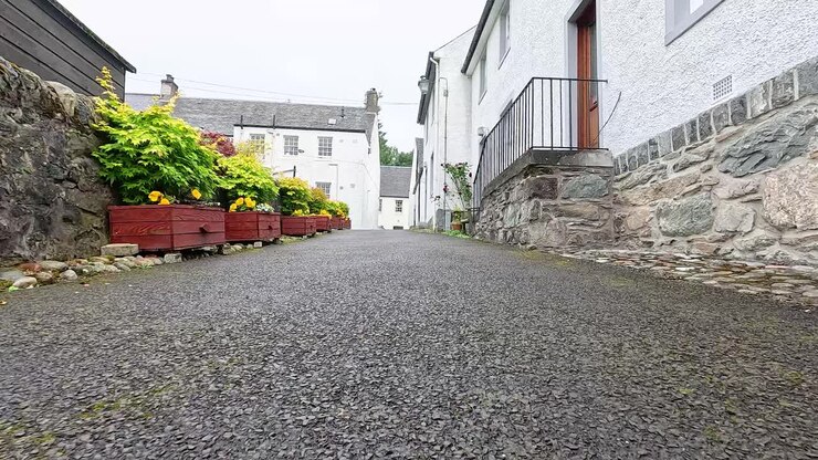A serene alley with flower boxes
