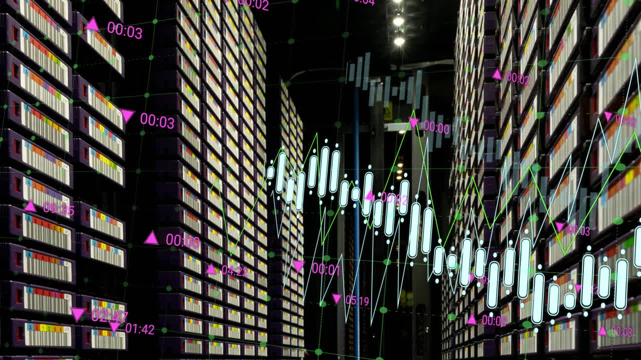 animación del procesamiento de datos financieros a través de servidores informáticos