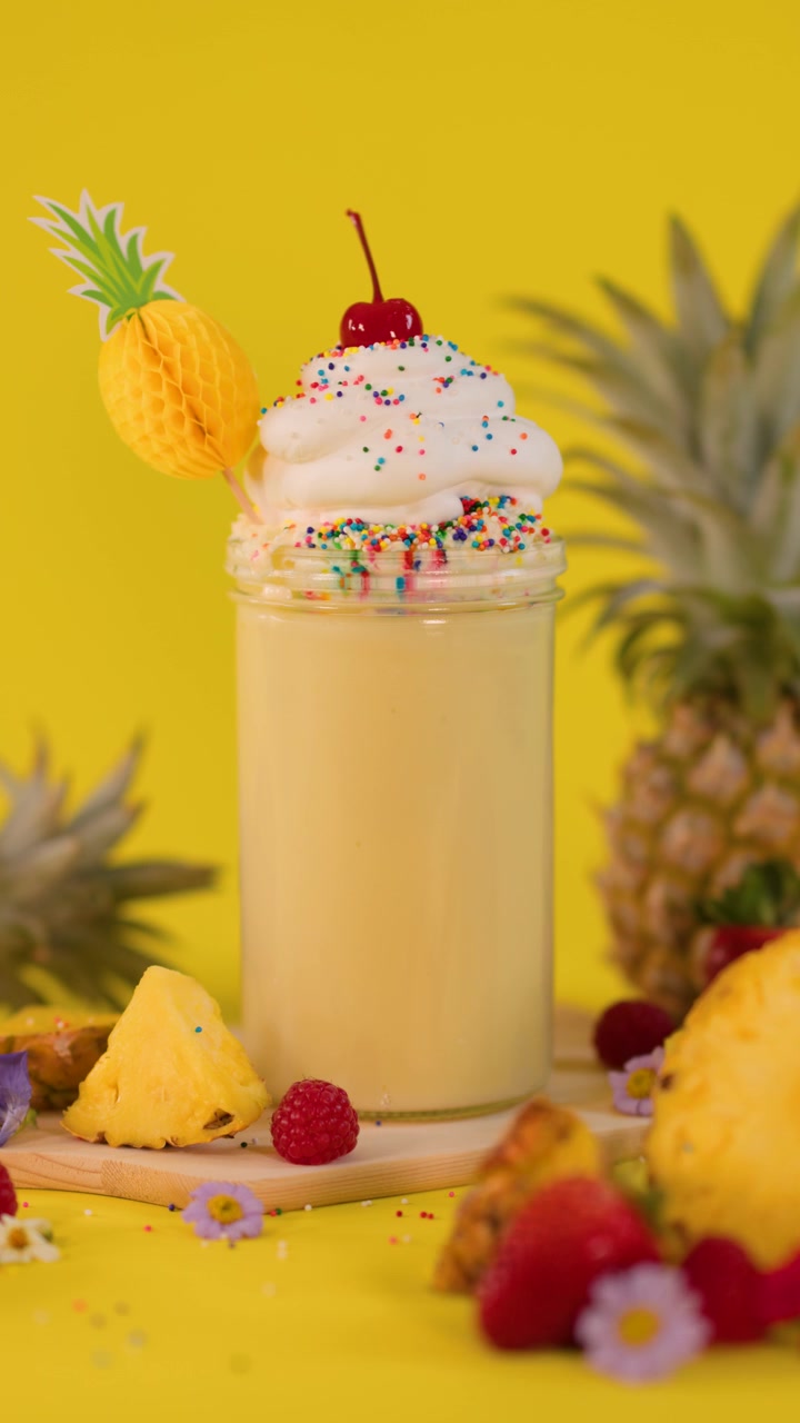 Una mano aggiunge un bastoncino mescolatore a forma di ananas a un milkshake cremoso con panna montata, ciliegia, codette colorate e frutta tropicale.