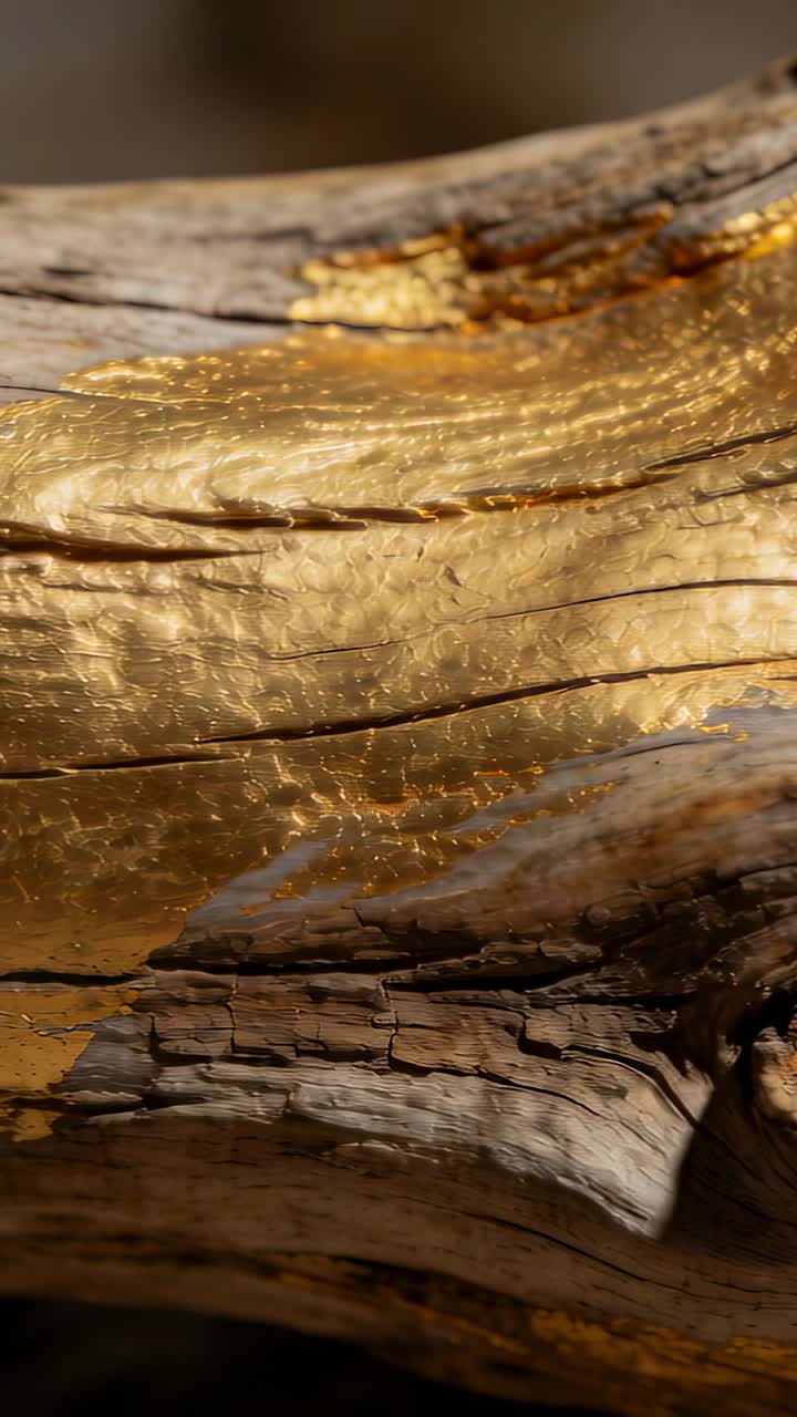 Video verticale: Legno usurato luccicante che mostra venature e nodi durante un cambio di luce in studio, foglia d'oro