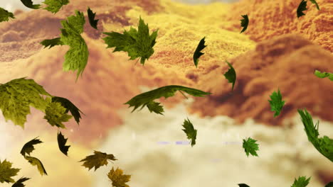 animación de hojas verdes que caen sobre el paisaje del río de montaña