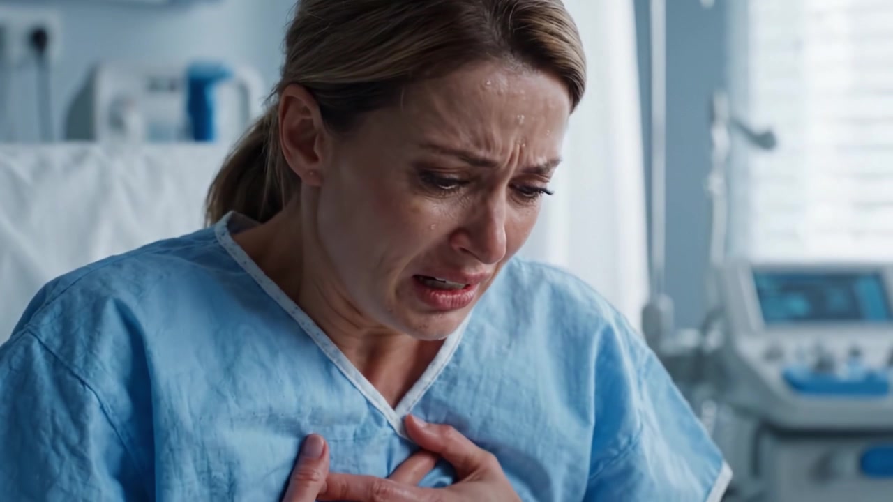 Emotional Woman in Hospital Bed Expressing Pain and Distress During a Medical Crisis, Highlighting the Struggles and Vulnerabilities Associated with Health Challenges