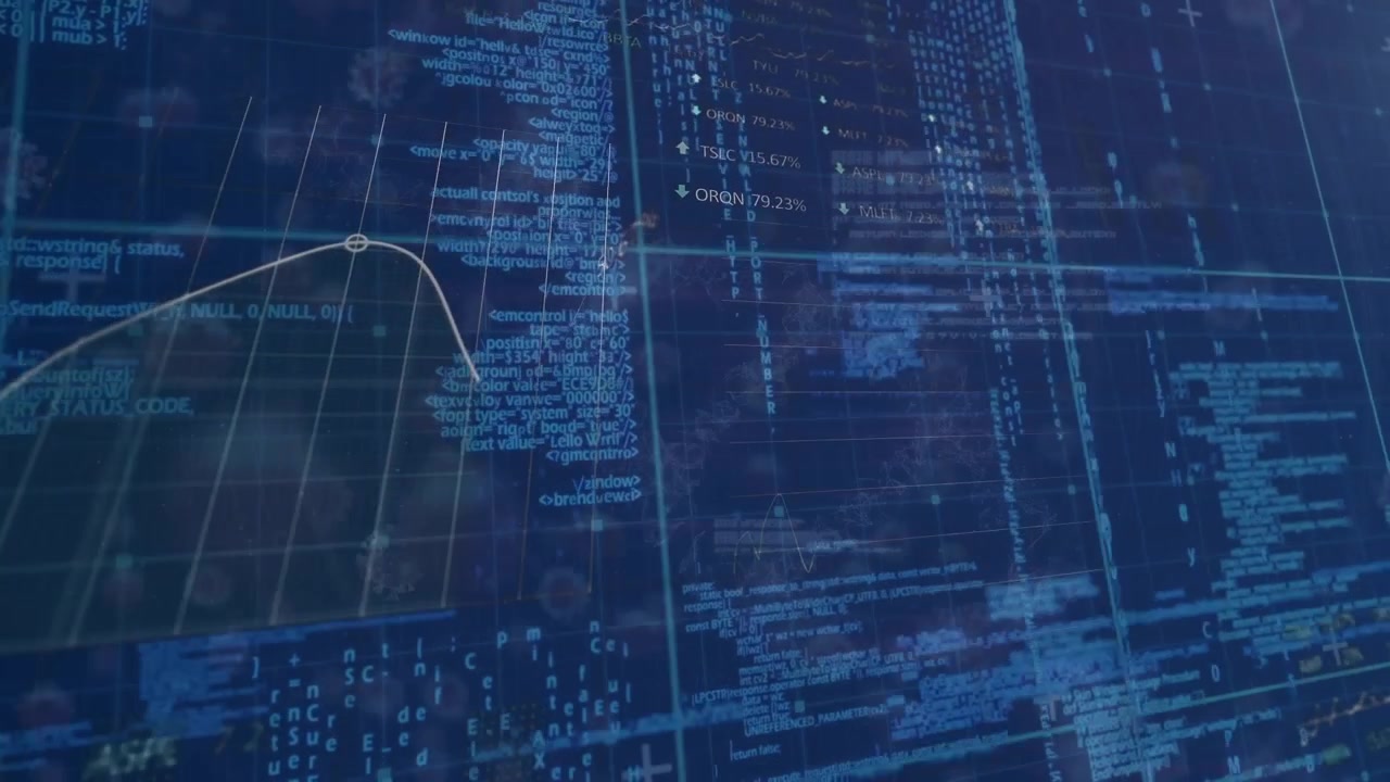Animation of data processing and covid-19 cells floating against blue background