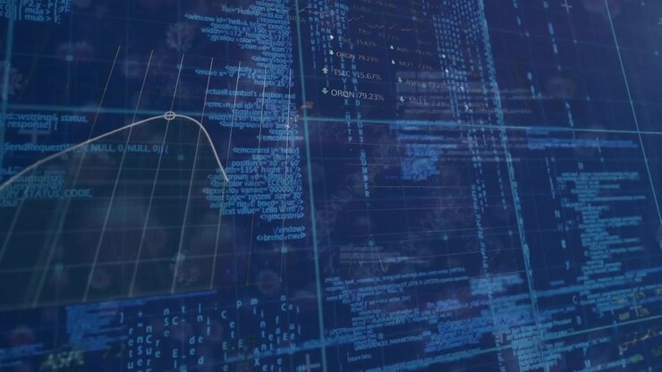Animation of data processing and covid-19 cells floating against blue background