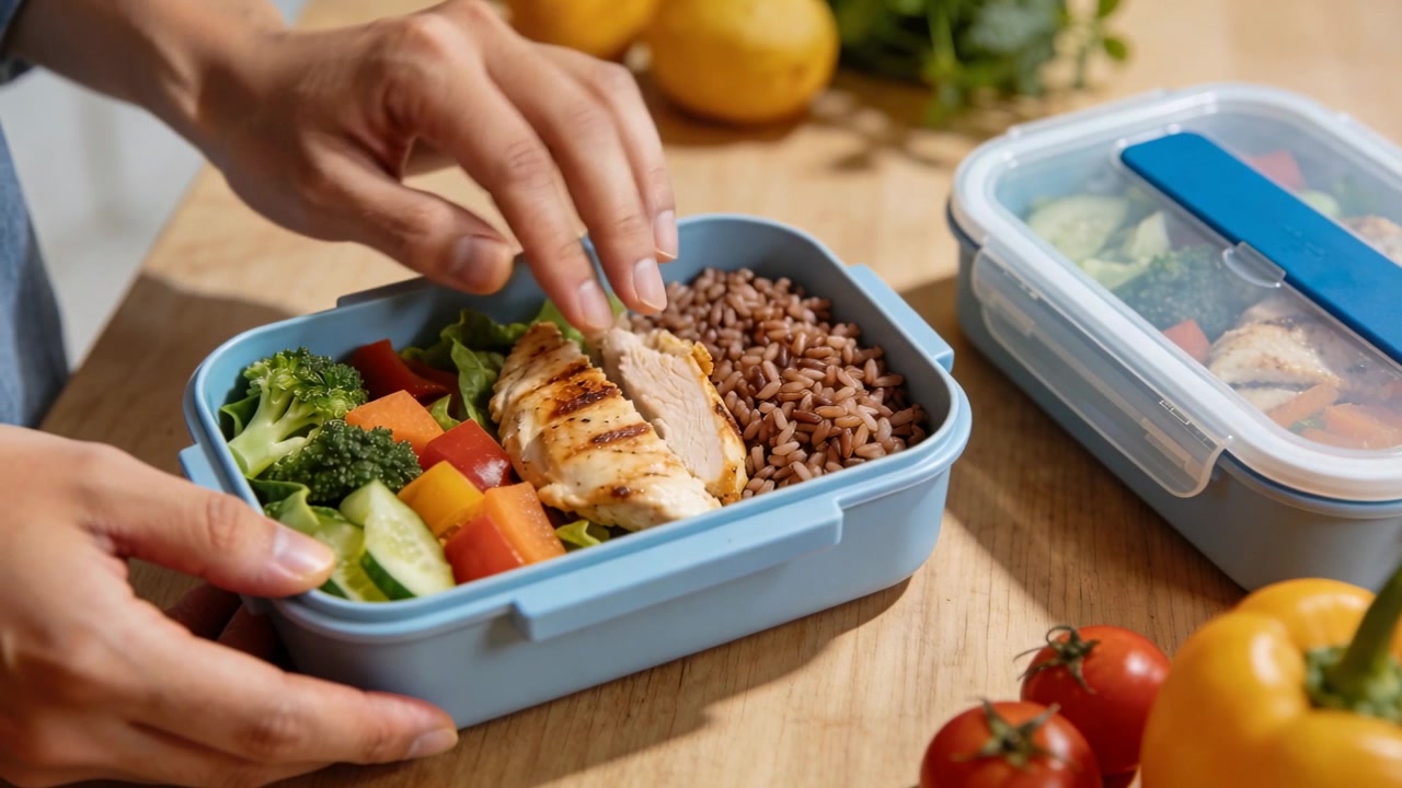 Reaching hands aligning chicken in blue lunch box on wood counter, rice and vegetables for lunch