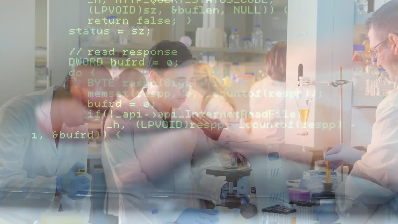 animación de dedos recortados escribiendo en el teclado sobre diversos científicos discutiendo en el laboratorio.