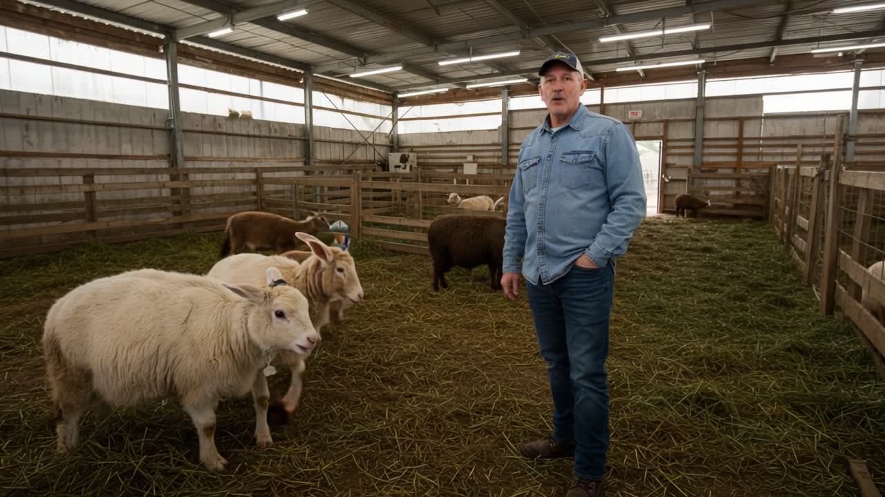A Dedicated Farmer Engaging with His Adorable Sheep in a Spacious Barn, Showcasing Hard Work and Passion for Sustainable Farming