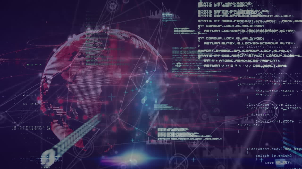 Animation of data processing, network of connections over globe