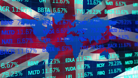 procesamiento de datos del mercado de valores y mapa del mundo contra la bandera del reino unido