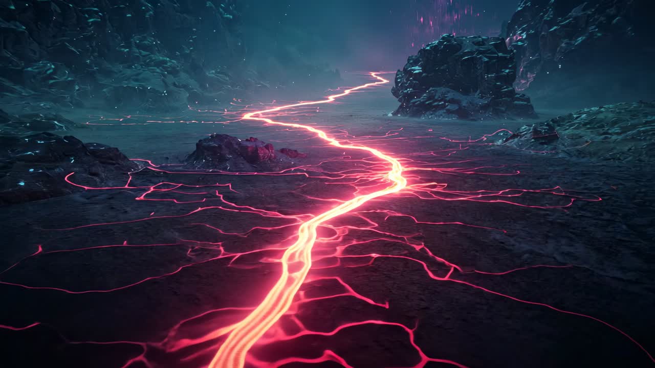 Pulsing molten fissure winding across cracked floor in volcanic cavern, with drifting embers