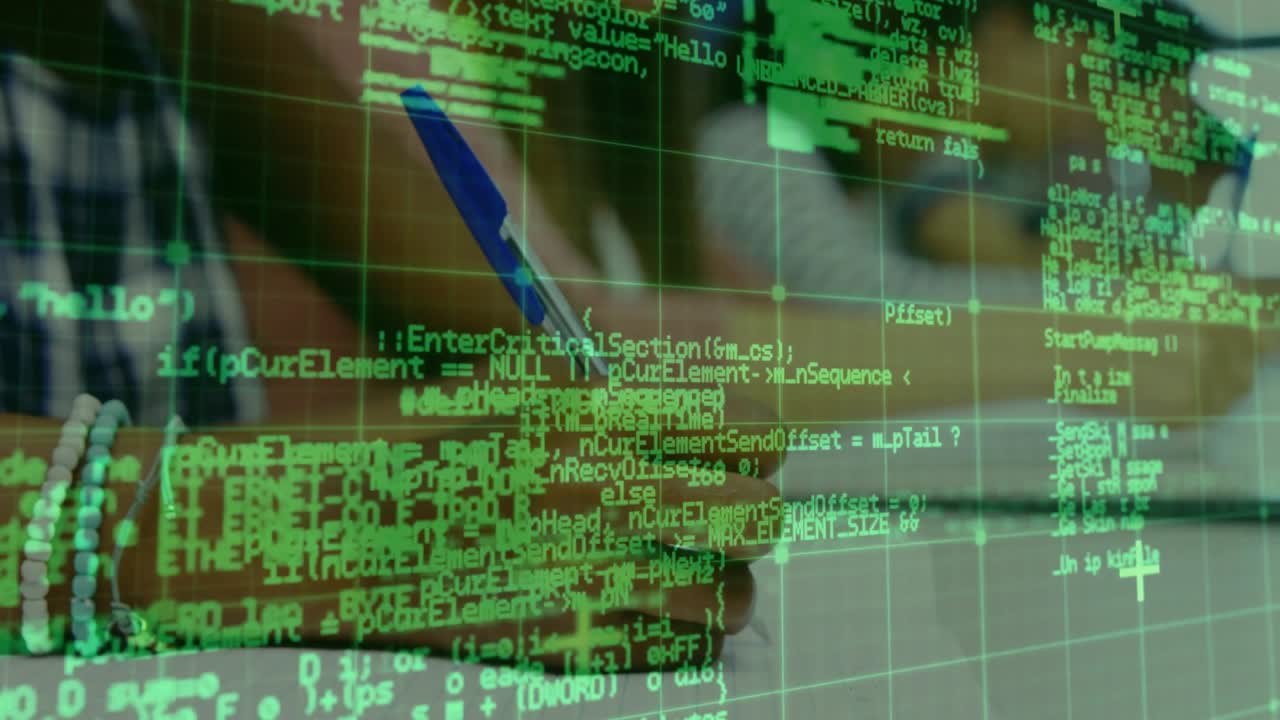 Faint code overlay shifting as female developer transcribing code on paper with pen glancing laptop